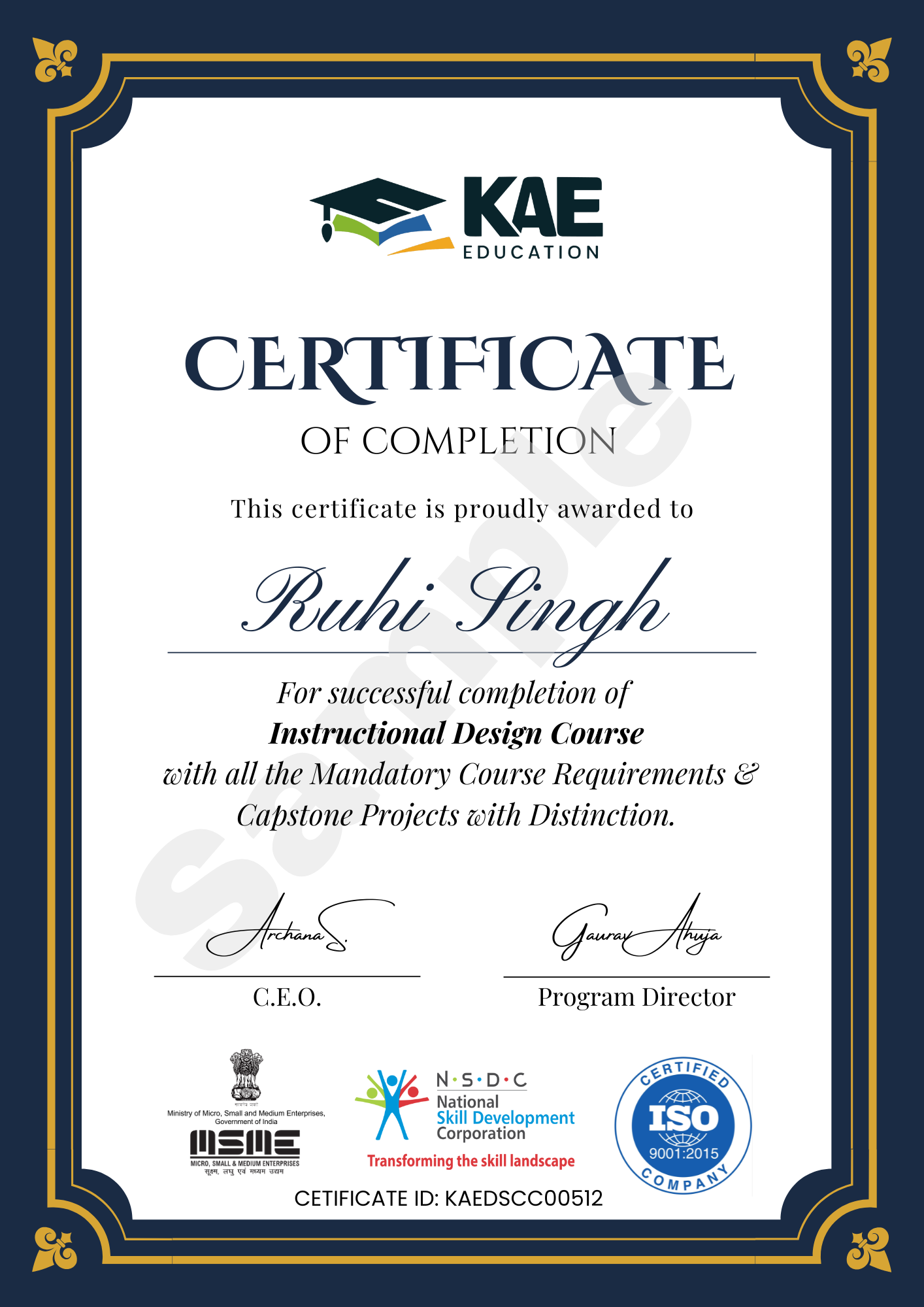 Instructional Design Course Sample Certificate from KAE Education